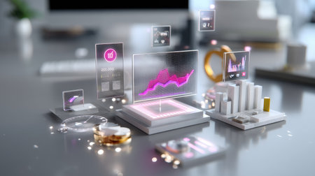 A modern digital environment showcasing 3D data visualization tools, including interactive charts and sleek interfaces, ideal for demonstrating business performance and analytics.の素材