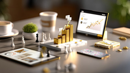 Engaging visual of modern business strategy, showcasing chess pieces, growth charts, and digital devices. Perfect for topics on finance and innovation.の素材