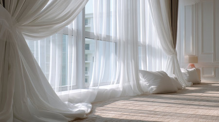 A bright living space featuring sheer white curtains filtering natural light through a large window. Soft pillows on the floor create a cozy and inviting atmosphere, perfect for relaxation. The minimalist design enhances tranquility and elegance.の素材
