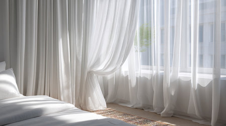 This image captures soft natural light streaming through ethereal white curtains in a cozy minimalist bedroom, creating a serene and peaceful atmosphere perfect for relaxation.の素材