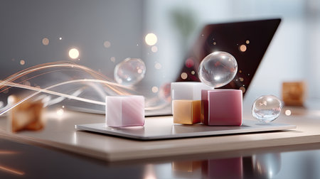 A visually striking composition featuring colorful geometric blocks and transparent spheres on a polished surface, exuding creativity and modern aesthetics.の素材