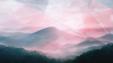 A serene mountain landscape showcases soft hues and abstract geometric patterns, creating a dreamy atmosphere. This image evokes calmness and tranquility, perfect for nature lovers.の素材