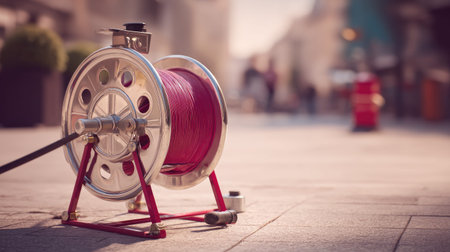 A vibrant pink cable reel stands prominently on a city street, captured in soft evening light with a blurred background, showcasing urban life and modern tools.の素材