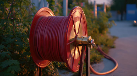A vibrant red hose reel with coiled tubing sits elegantly in a garden during twilight. The warm glow of evening light highlights the outdoor setting, blending functionality with aesthetics.の素材