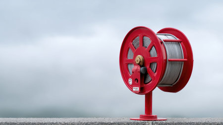 A stunning vintage red hose reel features a steel cable against a moody cloudy sky. This essential outdoor tool combines functionality and design, perfect for any garden or workshop.の素材
