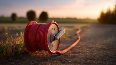 A vibrant red garden hose reel rests on dry soil, capturing the warm glow of sunset. Soft light enhances the scenery with gentle greenery in the background.の素材