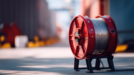 A vibrant red cable reel with steel wire sits prominently in an industrial setting, showcasing the essential tools of construction and maintenance work.の素材