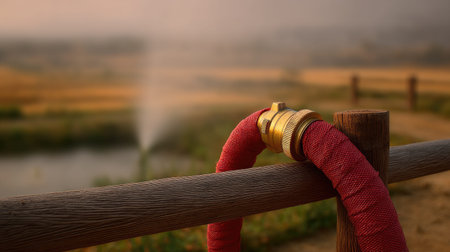 A vibrant red hose rests on a wooden fence, showcasing the beauty of outdoor landscapes with a sprinkler mist in the background.の素材