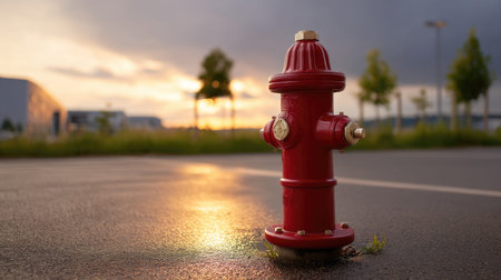 A striking red fire hydrant stands alone on a quiet asphalt street, bathed in golden hour light. The scene captures urban beauty and essential public safety.の素材