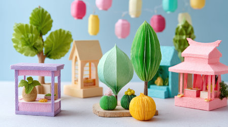 This delightful arrangement features colorful miniature trees and houses made from paper, creating a whimsical spring scene. Perfect for showcasing creativity and craft.の素材