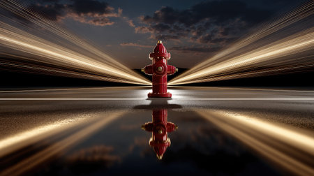 A striking red fire hydrant stands out against a dark night sky, with light trails illuminating its structure and creating a stunning reflection on a wet surface.の素材