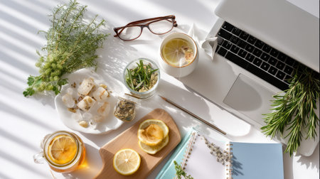 A serene workspace featuring herbal tea, fresh ingredients, and a laptop, designed for productivity and relaxation. Perfect for modern living and self-care.の素材