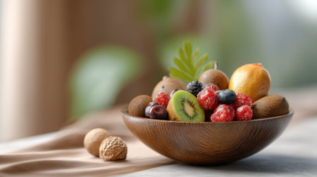 A vibrant assortment of fresh fruits displayed in a wooden bowl, perfect for healthy snacks or colorful table settings. Ideal for culinary presentations.の素材