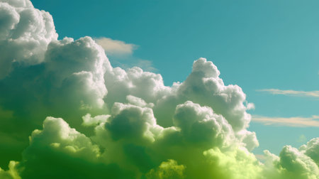 A captivating view of soft white clouds floating in a serene blue sky, enhanced by subtle green hues, perfect for conveying tranquility and beauty in nature.の素材