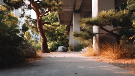 A serene urban pathway lined with lush greenery and trees, showcasing the harmony of nature and modern architecture. This tranquil scene invites peaceful strolls and exploration.の素材