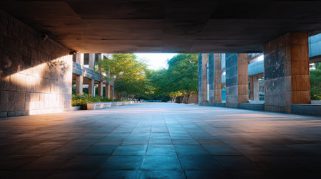 A tranquil urban passageway showcasing a blend of modern architecture and lush greenery. Soft light filters through, creating inviting shadows and highlighting the serene ambiance.の素材