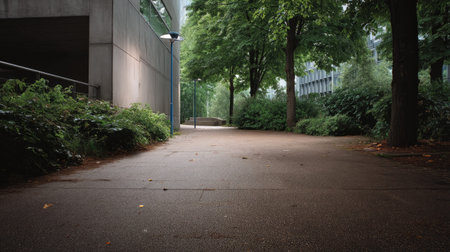 A serene urban pathway lined with trees and modern architecture, inviting peaceful strolls amidst lush greenery and soft lighting.の素材