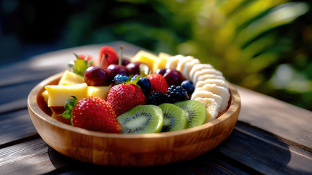 A beautifully arranged wooden plate filled with fresh fruits like strawberries, kiwi, and bananas. Perfect for a healthy snack or vibrant dessert option.の素材