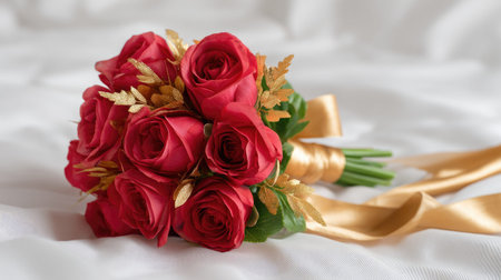 A stunning arrangement of red roses adorned with delicate gold accents and a satin ribbon, perfect for weddings or special occasions.の素材