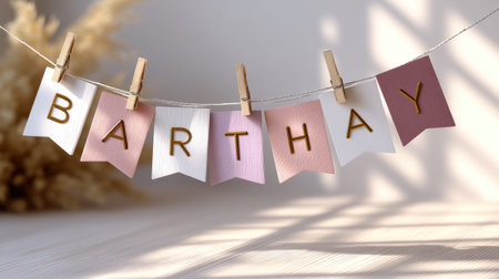 This colorful decorative banner features letters spelling 'BARTHAY' attached to clothespins. Ideal for festive celebrations, events, or personal dの素材