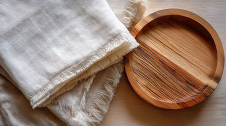 A serene composition featuring soft linen cloth with fringes alongside a round wooden plate, showcasing a blend of natural textures suitable for home decor or kitchen styling.の素材