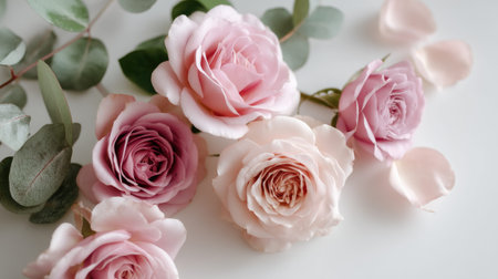 A beautiful composition of pink roses and eucalyptus leaves, perfect for floral designs and decorations. Ideal for romantic themes and celebrations.の素材