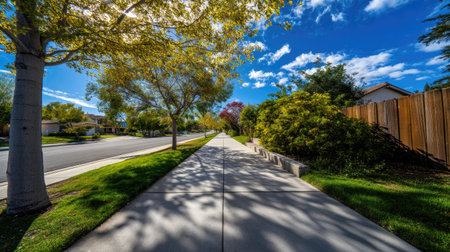 Peaceful neighborhood sidewalk lined with trees and vibrant foliage under a bright blue sky, perfect for leisurely strolls and outdoor enjoyment.の素材