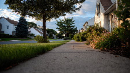 A serene view of a suburban sidewalk lined with lush greenery and charming houses, perfect for showcasing peaceful neighborhoods and outdoor life.の素材