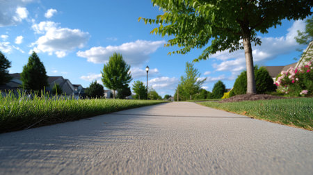 A peaceful sidewalk pathway stretches through a vibrant neighborhood, surrounded by lush grass and trees under a bright blue sky, inviting leisure walks.の素材