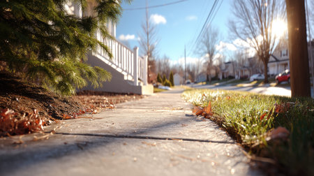 A peaceful sidewalk scene captures the essence of a serene neighborhood during sunset. The warm light casts soft shadows over lush grass and fallen leaves.の素材