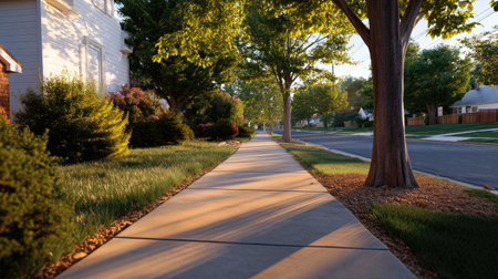 A serene view of a neighborhood sidewalk at sunset, surrounded by lush trees and greenery, ideal for evoking tranquility and outdoor beauty.の素材