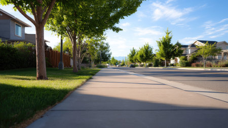 A tranquil neighborhood pathway lined with trees under a bright blue sky, inviting leisurely strolls and peaceful reflections in daylight.の素材