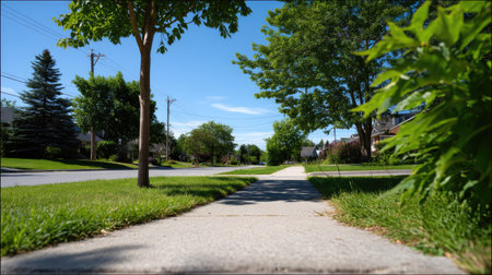 A serene view of a suburban sidewalk surrounded by lush greenery and trees under a clear blue sky. Perfect for outdoor themes and tranquility.の素材