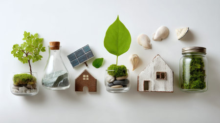 Explore a captivating arrangement of natural elements symbolizing sustainable living and eco-friendly practices, featuring plants, glass containers, and various materials reflecting harmony with nature.の素材