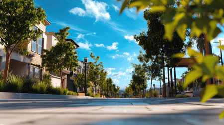 A picturesque urban street scene showcasing trees, clear blue sky, and modern architecture, perfect for emphasizing tranquility and nature in city life.の素材