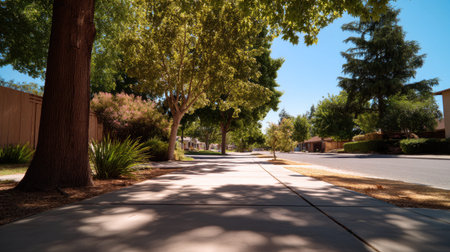 A tranquil urban sidewalk beautifully framed by lush trees under a bright blue sky, offering a serene escape in a residential neighborhood.の素材