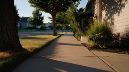 A peaceful suburban sidewalk during golden hour, surrounded by greenery, offering a serene outdoor experience perfect for leisurely strolls.の素材