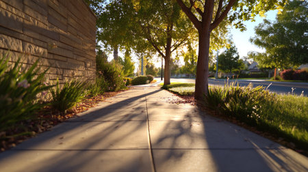 A serene sidewalk adorned with lush trees and gentle shadows, capturing the peaceful essence of a sunny day in a quiet neighborhood. Perfect for nature themes.の素材