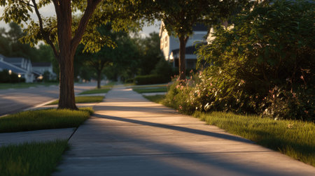 A tranquil evening scene featuring a tree-lined sidewalk bordered by lush greenery and soft sunlight, perfect for depicting peaceful residential neighborhoods.の素材