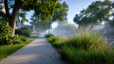 Experience the beauty of a serene morning walkway, embraced by lush greenery and soft fog in a peaceful suburban neighborhood.の素材