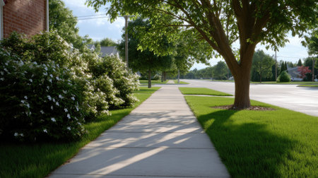 A tranquil neighborhood sidewalk surrounded by lush green grass and blooming flowers, perfect for a leisurely stroll. Enjoy the serene atmosphere.の素材