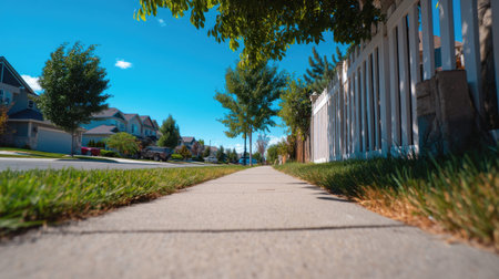 A peaceful view of a sidewalk in a residential neighborhood, flanked by trees and manicured lawns under a clear blue sky. Perfect for scenes of tranquility.の素材