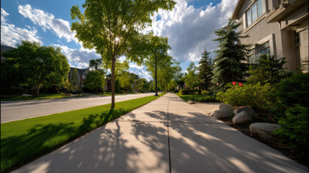A peaceful sidewalk bordered by lush trees and vibrant shrubs, under a beautiful cloudy sky in a residential area, creating a harmonious urban scene.の素材