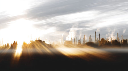 A captivating industrial landscape showcases smokestacks against a vibrant sunrise, shrouded in mist. Soft light effects emphasize the beauty amidst urban development, highlighting the complex relationship between nature and industry.の素材