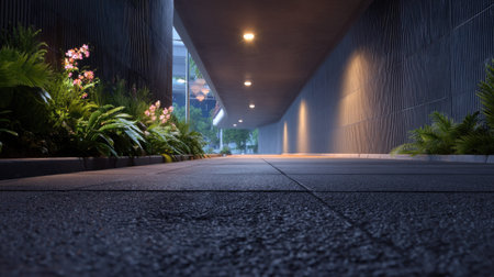 A tranquil urban pathway showcases lush greenery and delicate flowers under soft illumination, inviting peaceful moments amid modern architecture.の素材