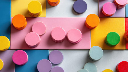 A captivating assortment of colorful circular tokens arranged on vibrant geometric surfaces, ideal for creative projects, playful designs, and educational activities.の素材