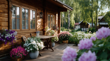 A picturesque rustic cabin with a wooden exterior, adorned with vibrant flowers in pots and surrounded by lush greenery, creating a serene outdoor retreat.の素材