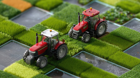 Red tractors engage in farming activities across a vibrant landscape of lush green fields and technology-inspired patterns, showcasing modern agriculture.の素材