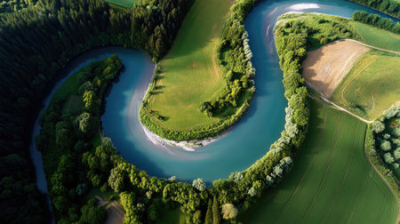 This aerial view showcases a serpentine river meandering through a vibrant green landscape, surrounded by lush trees and fields under a clear blue sky.の素材