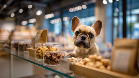 A charming French Bulldog gazes longingly at an array of delicious dog treats in a well-lit pet store. The modern interior highlights the bond between pets and their owners, emphasizing the joy of shopping for furry friends.の素材